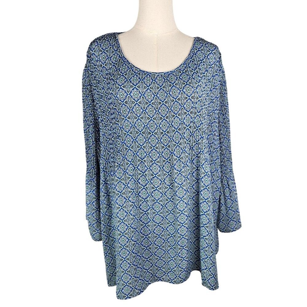 J. Jill Tunic Top XL Blue & Green Floral Paisley Crinkle‎ Flounce Sleeve